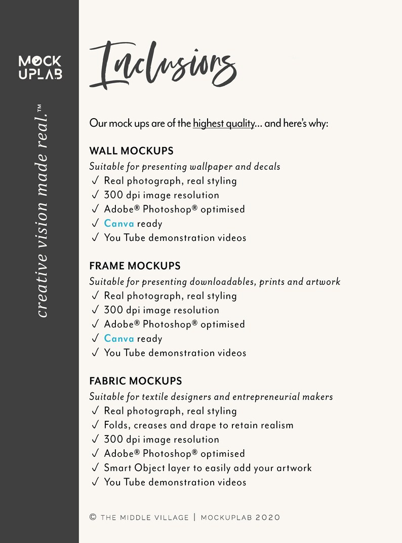May include: A graphic design mockup template for presenting wallpaper, prints, and artwork. The template includes a real photograph, real styling, and is optimized for Adobe Photoshop and Canva. It also includes YouTube demonstration videos.