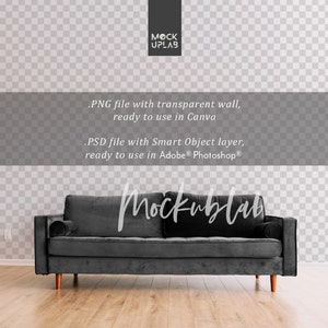 May include: A dark gray velvet sofa with wooden legs sits in front of a white wall with a checkered pattern. The text "MOCK UPLAB" is visible in the top left corner of the image. The text ".PNG file with transparent wall, ready to use in Canva .PSD file with Smart Object layer, ready to use in Adobe&reg; Photoshop&reg; Mockublab" is visible in the center of the image.