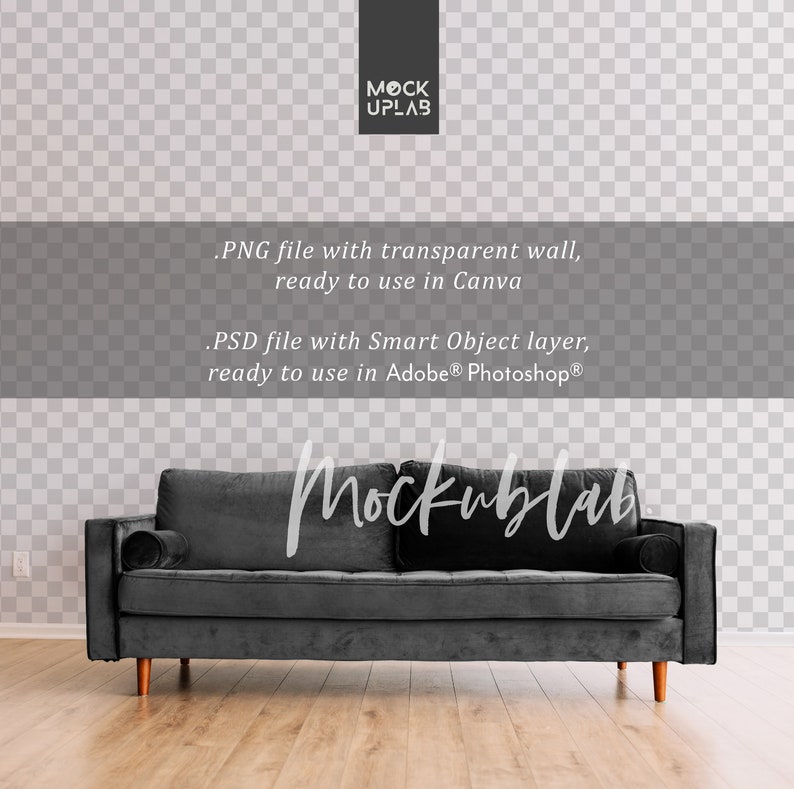 May include: A dark gray velvet sofa with wooden legs sits in front of a white wall with a checkered pattern. The text "MOCK UPLAB" is visible in the top left corner of the image. The text ".PNG file with transparent wall, ready to use in Canva .PSD file with Smart Object layer, ready to use in Adobe&reg; Photoshop&reg; Mockublab" is visible in the center of the image.