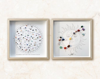 Unique Star Map and Zodiac Constellation Gemstones Bundle, Birthday gift, Double wall art