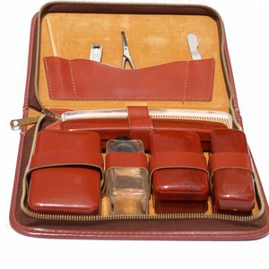 Vintage Toiletry Set | Brown Faux Leather Mens Dopp Kit | Mid Century Coats Clark Vanity Travel Case with Joba USA Celluloid Containers