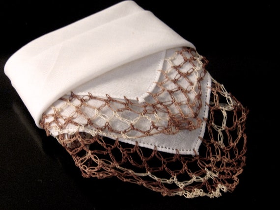 Vintage White Hanky with Variegated Brown Crochet… - image 1