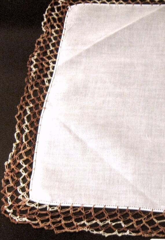 Vintage White Hanky with Variegated Brown Crochet… - image 3