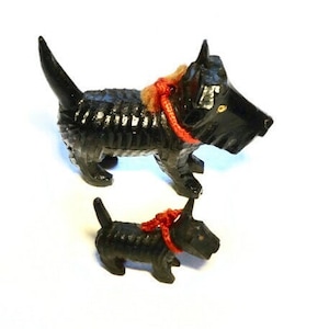Vintage Pair of Miniature Black Scottish Terriers | Old Japanese Hard Plastic, Celluloid or Resin Scottie Dog and Puppy with Red Collars