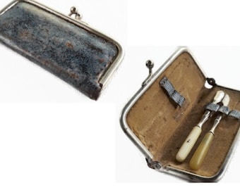 Vintage Small Blue Genuine Leather Purse with With 2 Manicure Tools  | Made in Germany | Old, Damaged, Worn Rustic Portable Grooming Kit