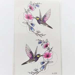 temporary ephemeral tattoo, birds, hummingbirds, flowers, 2 tattoos/sheet