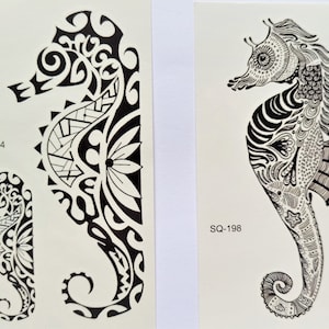 tatouage éphémère temporaire, hippocampe, noir, monochrome, style Maori, 2 modèles