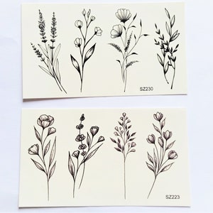 temporary ephemeral tattoo, flowers, wildflowers, monochrome black, 4 tattoos/sheet