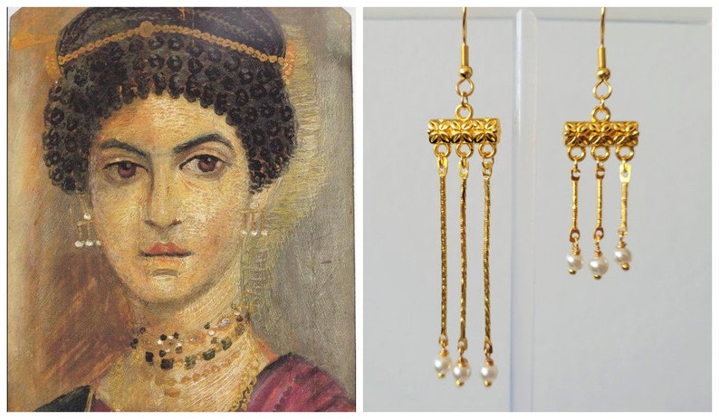 Boucles D'oreilles Pendantes Type 'Crotalia' - Perles D'eau - Style Antique Romain - Fait Main - Occasion