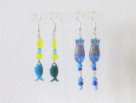 Dangling Earrings, Small Blue Fish, Hooks or Clips, 2 Models 