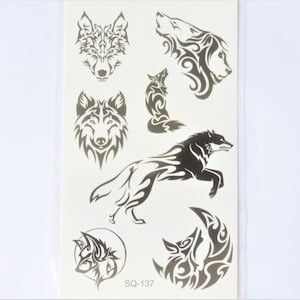 temporary tattoo wolf, dog, monochrome black, 10.5 x 6cm, 7 tattoos/sheet