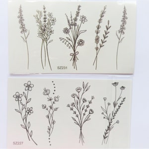 temporary ephemeral tattoo, flowers, wildflowers, grasses, 4/5 tattoos per sheet