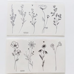 temporary tattoo wildflowers, monochrome black, 2 models, 4 or 5 tattoos/sheet