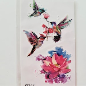 temporary ephemeral tattoo, birds, flower, lotus, color