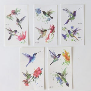 tatouage éphémère temporaire, oiseaux et fleurs, 5 modèles, 2 tatouages/planche