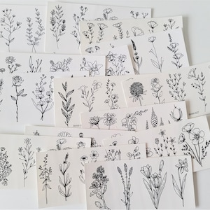 temporary tattoo, flowers, wildflowers, black, monochrome, different, sheet 14 x 7 cm