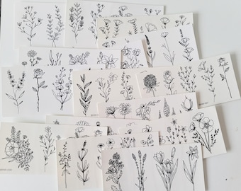 Temporary tattoo, flowers, wildflowers, black, monochrome, various designs, sheet 14 x 7 cm