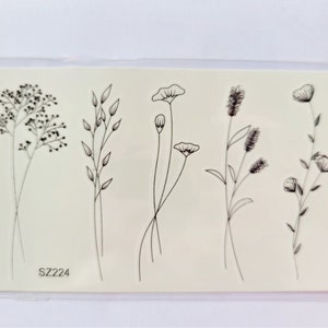 temporary ephemeral tattoo, flowers, wildflowers, monochrome black, 5 tattoos/sheet