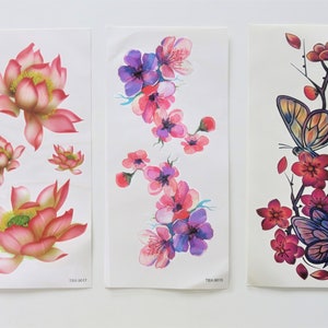temporary tattoo, ephemeral, cherry blossoms or lotus flowers, branch of flowers and butterflies, 9 x 19 cm