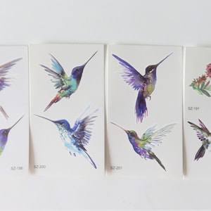 temporary ephemeral tattoo, bird motif, hummingbirds, 3 models, 2 tattoos/sheet