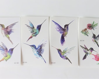temporary ephemeral tattoo, bird motif, hummingbirds, 3 models, 2 tattoos/sheet