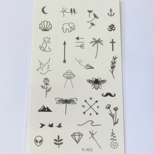 mini temporary tattoo ephemeral, 30 mini tattoos, monochrome black