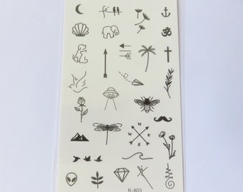 mini temporary tattoo ephemeral, 30 mini tattoos, monochrome black
