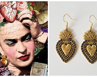 flaming heart earrings, Frida, gold or silver color, flaming heart, 3 models