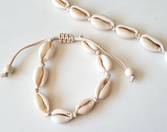 necklace + bracelet set, set, cowrie shells, white, adjustable, made by me