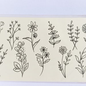 temporary tattoo flowers, 11 mini tattoos/sheet, wildflower plants, monochrome, black