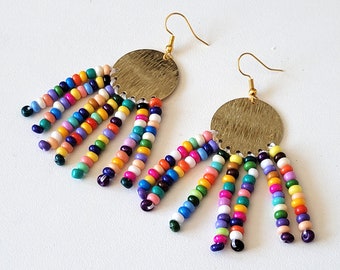 colorful earrings, brass and glass beads