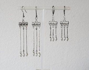 Earrings inspired by ancient Rome, Crotalia, silver color, white pearls, 2 lengths