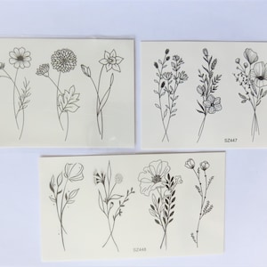 Temporäre, vergängliche Tattoo-Blumen, schwarz monochrom, 3 verschiedene Modelle, 4 Tattoos/Tafel