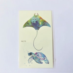 Temporäres, vergängliches Tattoo, Mantarochen- und Meeresschildkrötenmuster, 2 Tattoos/Tafel