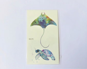 temporary tattoo, manta ray and sea turtle design, 2 tattoos/sheet