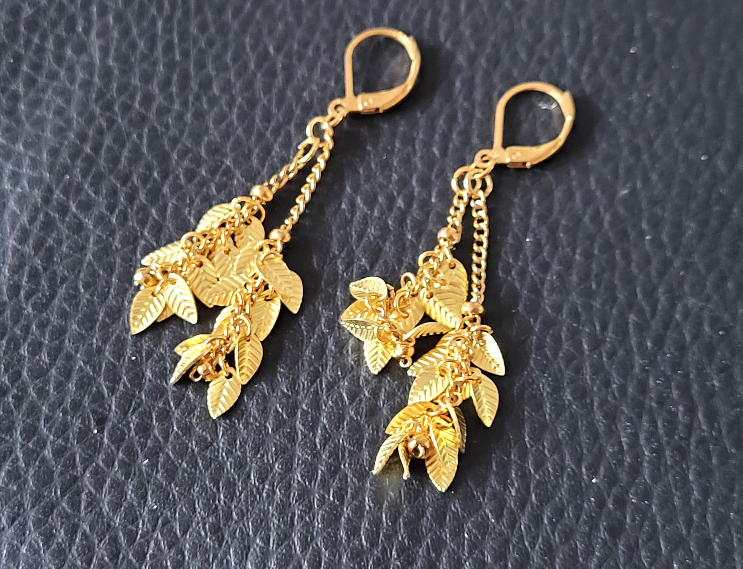 Orecchini lunghi in foglia d'oro: orecchini pendenti da sposa fatti a mano - Italia Orecchini lunghi in foglia d'oro: orecchini pendenti da sposa fatti a mano - Italia