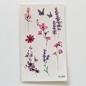 temporary tattoo, flowers, wildflowers, butterflies, 9 tattoos/sheet