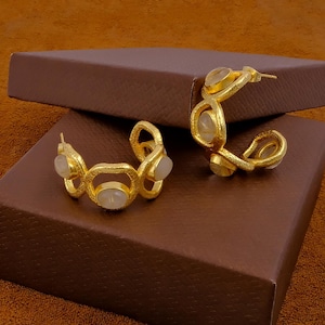 Gold Plated Brass Hoop Earrings, Gold Rutile Gemstone Jewelry, Handmade Chunky Statement Earrings, Textured Boho Jewelry Gift For Her