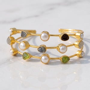 Gold Beaded Layered Cuff Bracelet, Pearl & Raw Gemstone Bracelet, 18K Gold Plated Statement Bangle, Boho Stacking Bracelet, Gift for Her