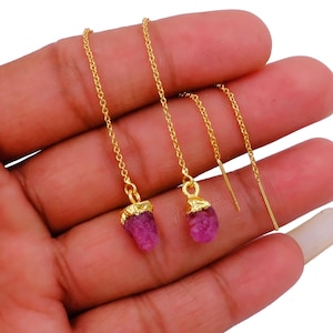 Pendientes de aro con rubí, esmeralda y amatista en bruto, chapados en oro, cadena 5222