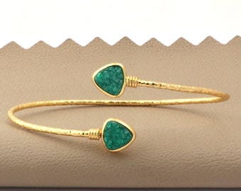 Sugar Druzy Gemstone Bangle Jewelry, Double Trillion Adjustable Bracelet, Textured Gold Plated Boho Jewelry, Gift Bangles For Her. 2199