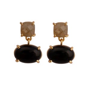 Black Onyx, Labradorite Gemstone Drop Earrings, Gold Plated Handmade Dangle Earrings, Prong Setting Oval Stone Statement Jewelry for Women