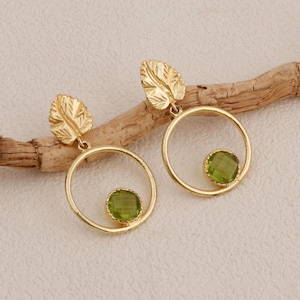 Green Peridot Gemstone Gold Leaf Hoop Earrings, Gold Plated Handmade Earrings, Nature Inspired Statement Drop Earrings, Birthstone Earring