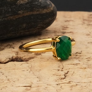 Emerald Ring, Gold Plated Prong Set Gemstone Faceted Stone Ring, Birthstone Ring, wedding Ring, Engagement Ring Jewelry For Girls.