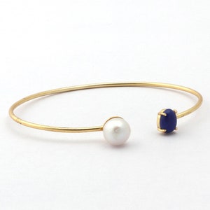 Pearl & Gemstone Bracelet Bangle, Pearl Adjustable Bangle Jewelry, Beautiful Style Prong Setting Gold Plated Stackable Bangle Jewelry. 2091