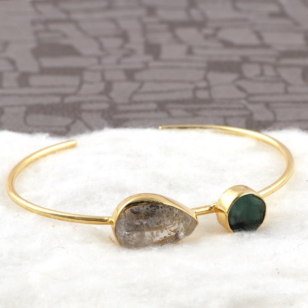 Raw Herkimer Diamond Gemstone Cuff Bracelet Jewelry, Gold Plated Adjustable Bangle For Girl & Women Gift, Raw Stone Jewelry. 1859