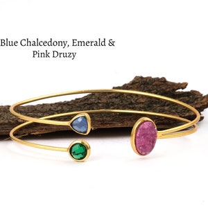 Gold Plated Bangle Jewelry, Dainty Designer Front Adjustable Bracelets Bangle, Stackable Three Gemstone Bangle Gift For Her. 2656