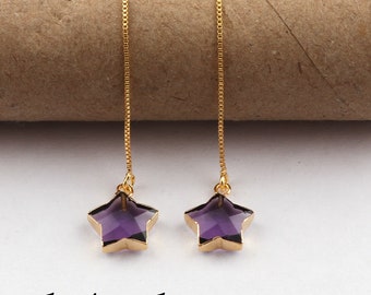Amethist-oorbellen met sterinsteker, verguld messing, boho-chique Sui Dhaga-sieraden