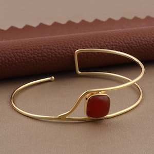 Red Onyx Gemstone Bangle Bracelet, Minimalist Gold Plated Cuff Bracelet, Adjustable Open Bangle, Modern Handmade Jewelry Gift for Her. 1861