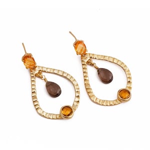 Natural Citrine Smoky Quartz Gemstone Stud Earring, Gold Textured Teardrop Earrings, Handcrafted Statement Jewelry for Women. E-122